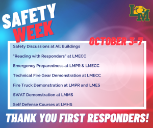 safety week activities listed over red and blue emergency lights